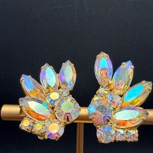 Vintage Juliana Style AB Rhinestone Clip Earrings Navette Spray Gold Tone